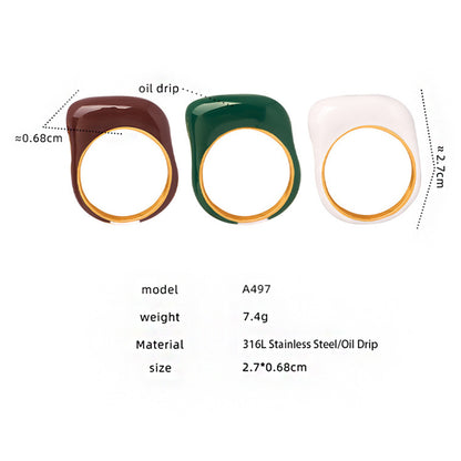 Close-up of a 316L stainless steel open ring with 18K gold PVD plating and candy-colored enamel finish, showing the adjustable open design and smooth metal texture, hypoallergenic and waterproof
