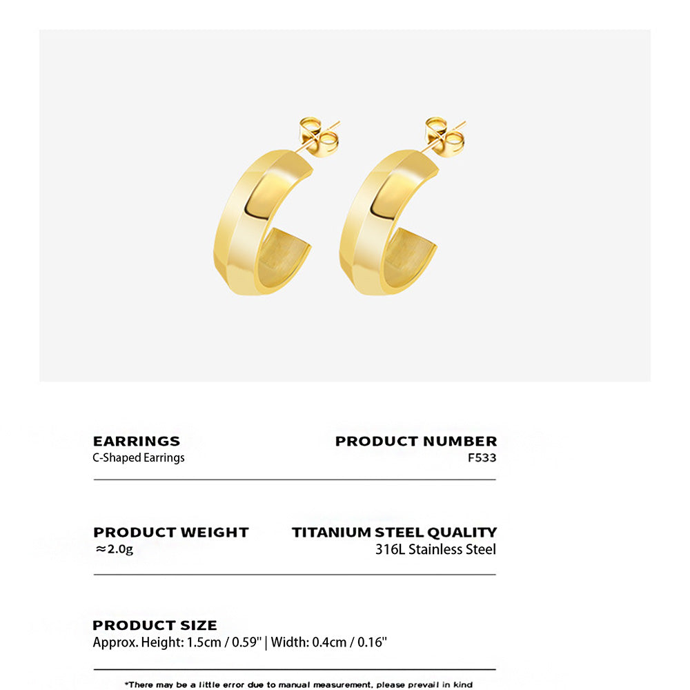 Product spec sheet of F533 minimalist C-shaped hoop earrings, crafted from 316L stainless steel with 18K gold PVD plating. Approx. 1.5cm height, 0.4cm width, 2.0g/pair, hypoallergenic and durable