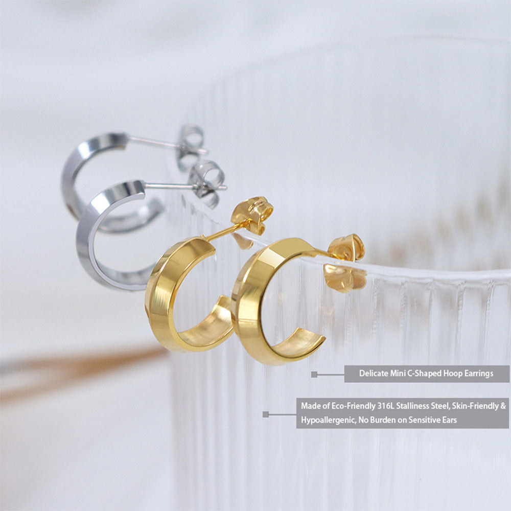 Close-up of minimalist C-shaped hoop earrings crafted from eco-friendly 316L stainless steel with 18K gold PVD plating, available in gold and silver tones. Skin-friendly and hypoallergenic for sensitive ears, no burden daily wear