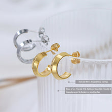 Close-up of minimalist C-shaped hoop earrings crafted from eco-friendly 316L stainless steel with 18K gold PVD plating, available in gold and silver tones. Skin-friendly and hypoallergenic for sensitive ears, no burden daily wear