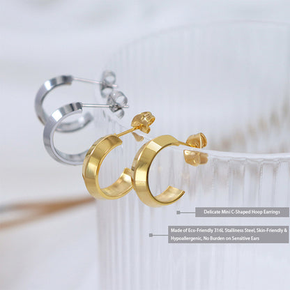 Close-up of minimalist C-shaped hoop earrings crafted from eco-friendly 316L stainless steel with 18K gold PVD plating, available in gold and silver tones. Skin-friendly and hypoallergenic for sensitive ears, no burden daily wear