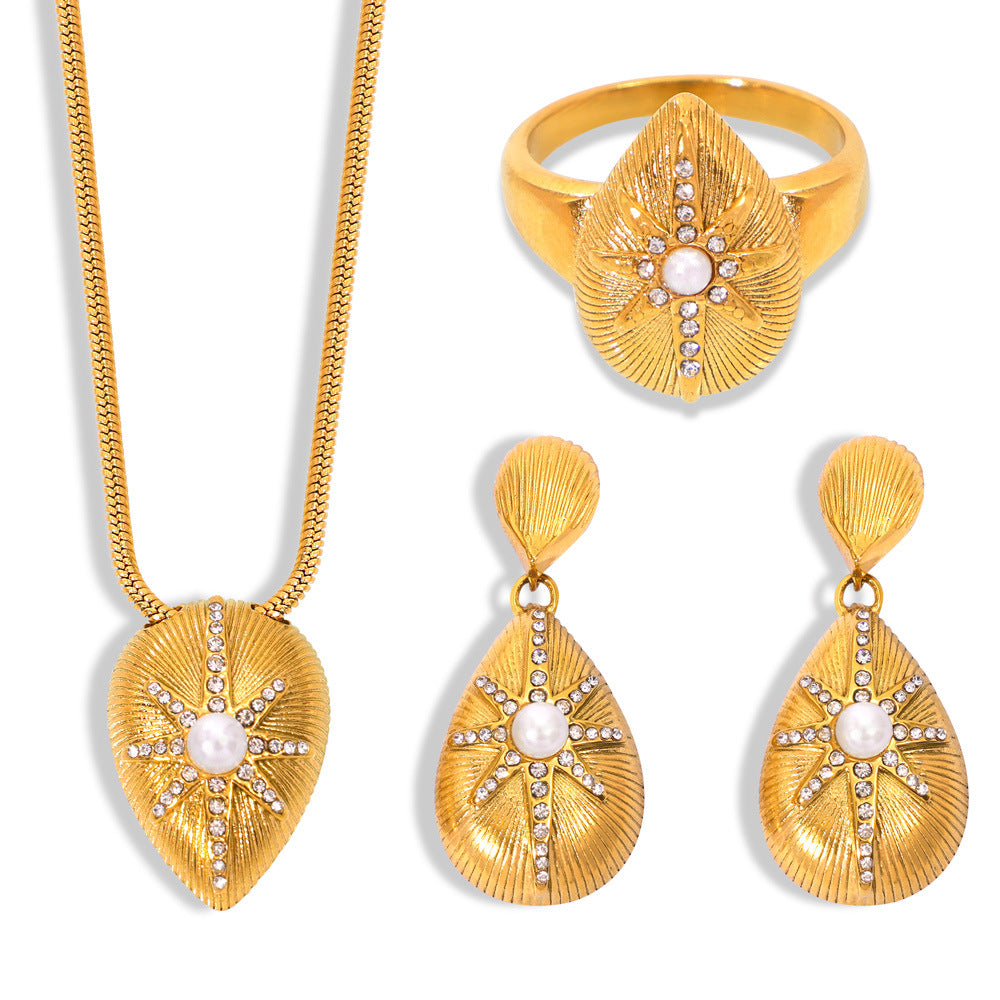 316L Stainless Steel 18K Gold PVD Teardrop Star Jewelry Set with Pearl & Zircon - Necklace, Ring & Earrings