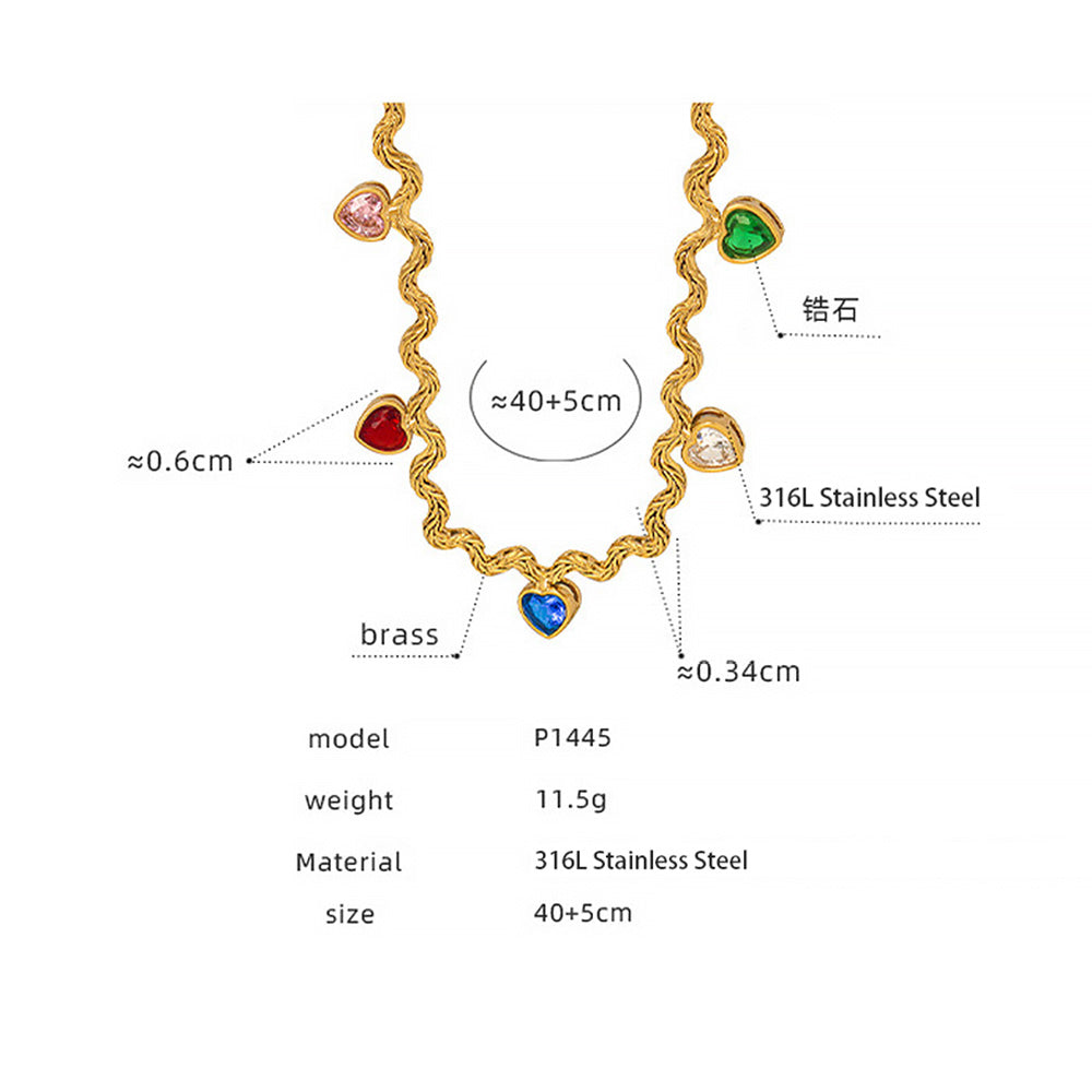 316L Stainless Steel 18K Gold PVD Geometric Colorful Heart Zircon Pendant Necklace
