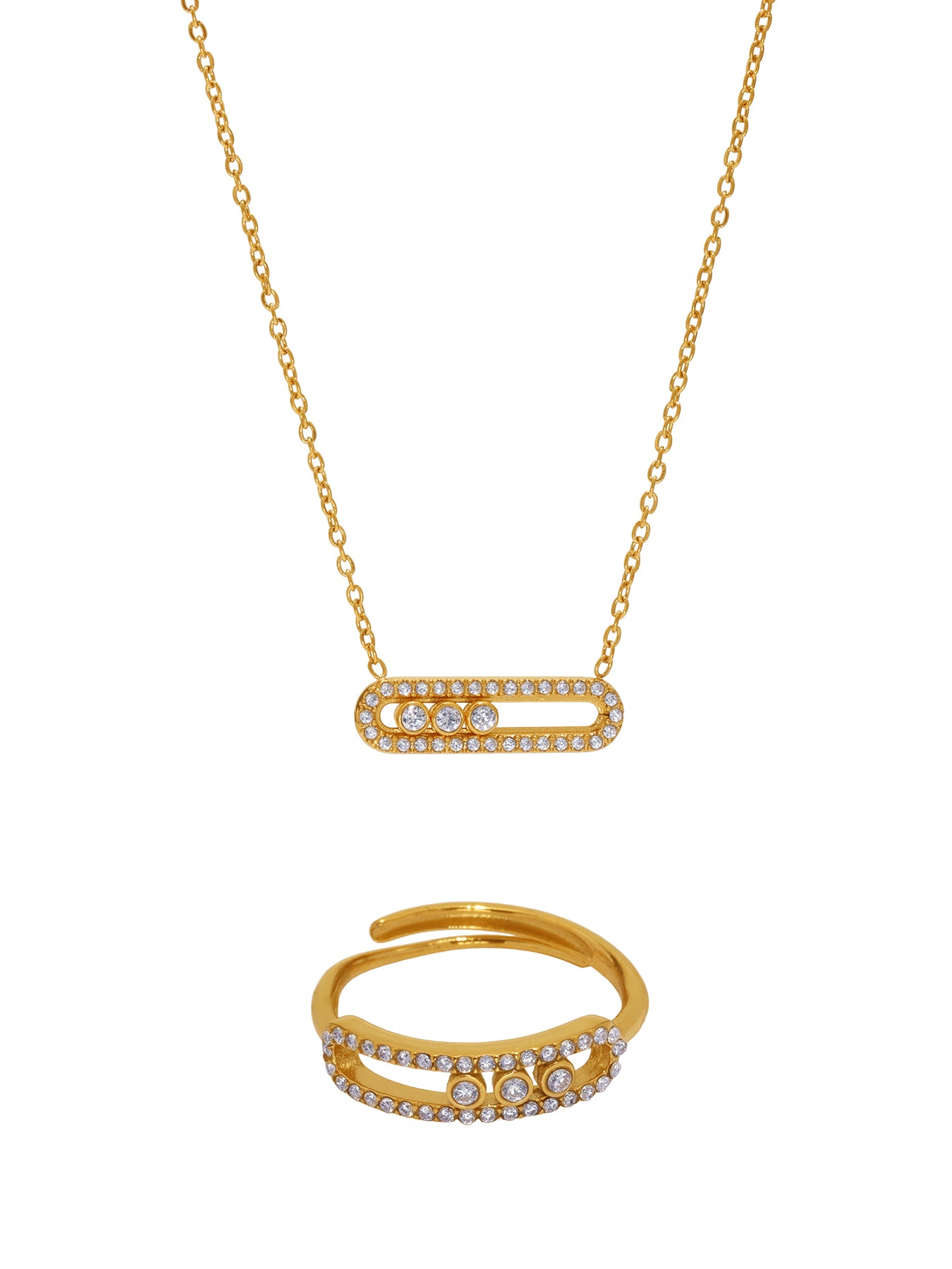 316L Stainless Steel 18K Gold PVD Sliding Zircon Open Ring & Necklace Set