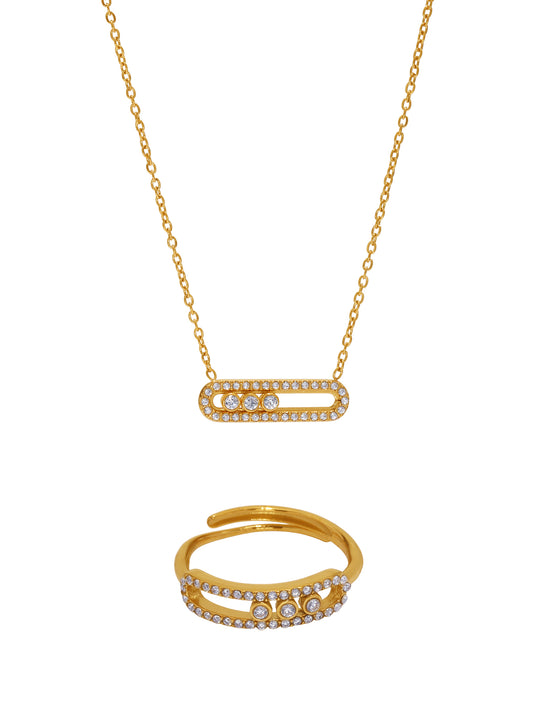 316L Stainless Steel 18K Gold PVD Sliding Zircon Open Ring & Necklace Set