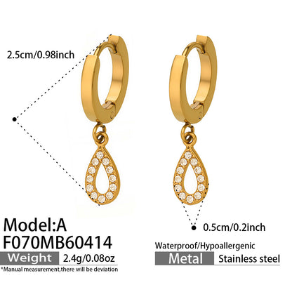 18K gold PVD plated 316L stainless steel hollow waterdrop pave zircon huggie hoop earrings, waterproof hypoallergenic luxury teardrop drop earring Model A F070MB60414