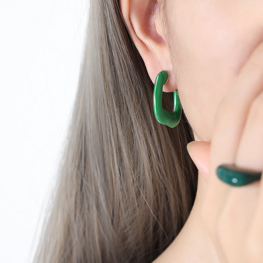 316L stainless steel geometric U-shaped green enamel earrings side view