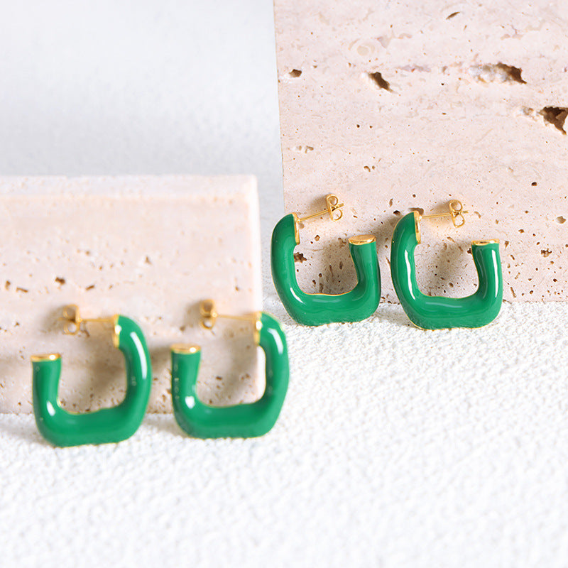 316L Stainless Steel Geometric U-shaped Green Enamel Earrings made with 316L stainless steel and 18K PVD gold finish for wholesale jewelry buyers - image 3