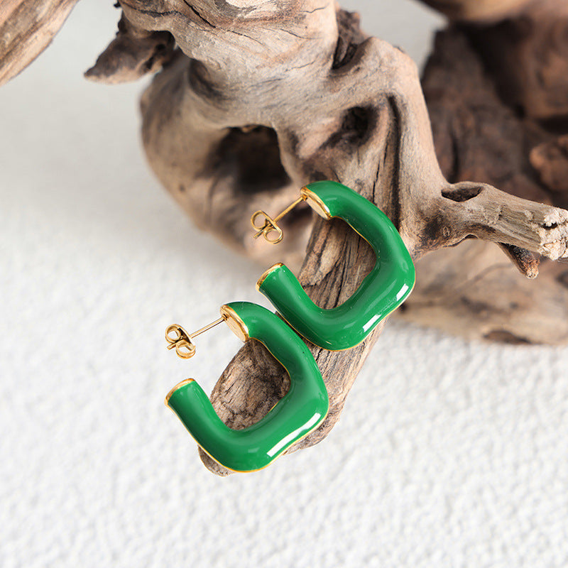 316L Stainless Steel Geometric U-shaped Green Enamel Earrings made with 316L stainless steel and 18K PVD gold finish for wholesale jewelry buyers - image 7