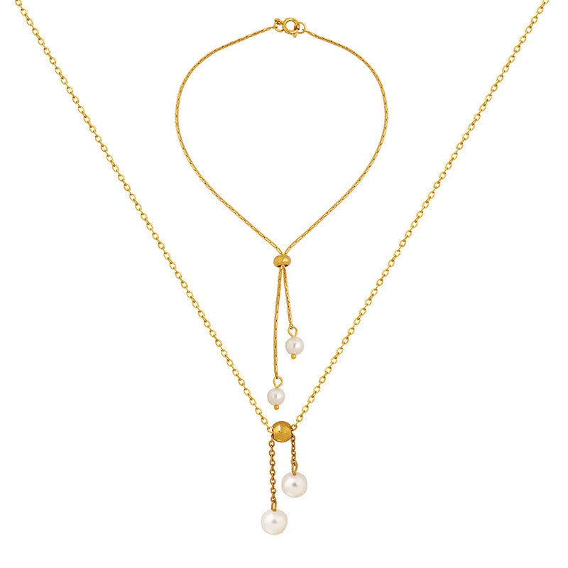 316L stainless steel gold pearl lariat necklace and adjustable slider bracelet