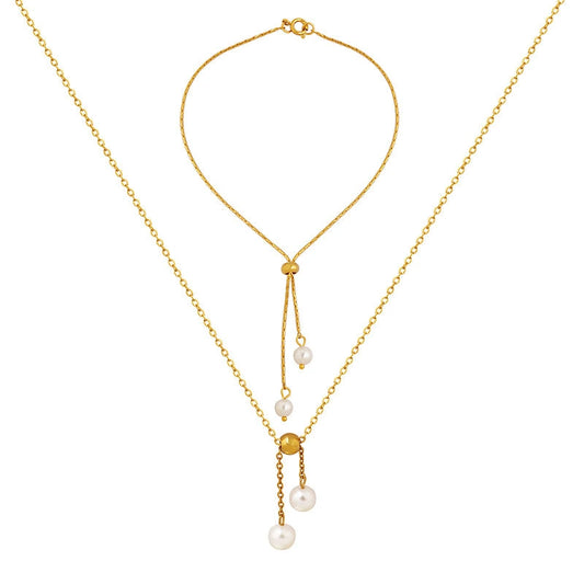 316L stainless steel gold pearl lariat necklace and adjustable slider bracelet