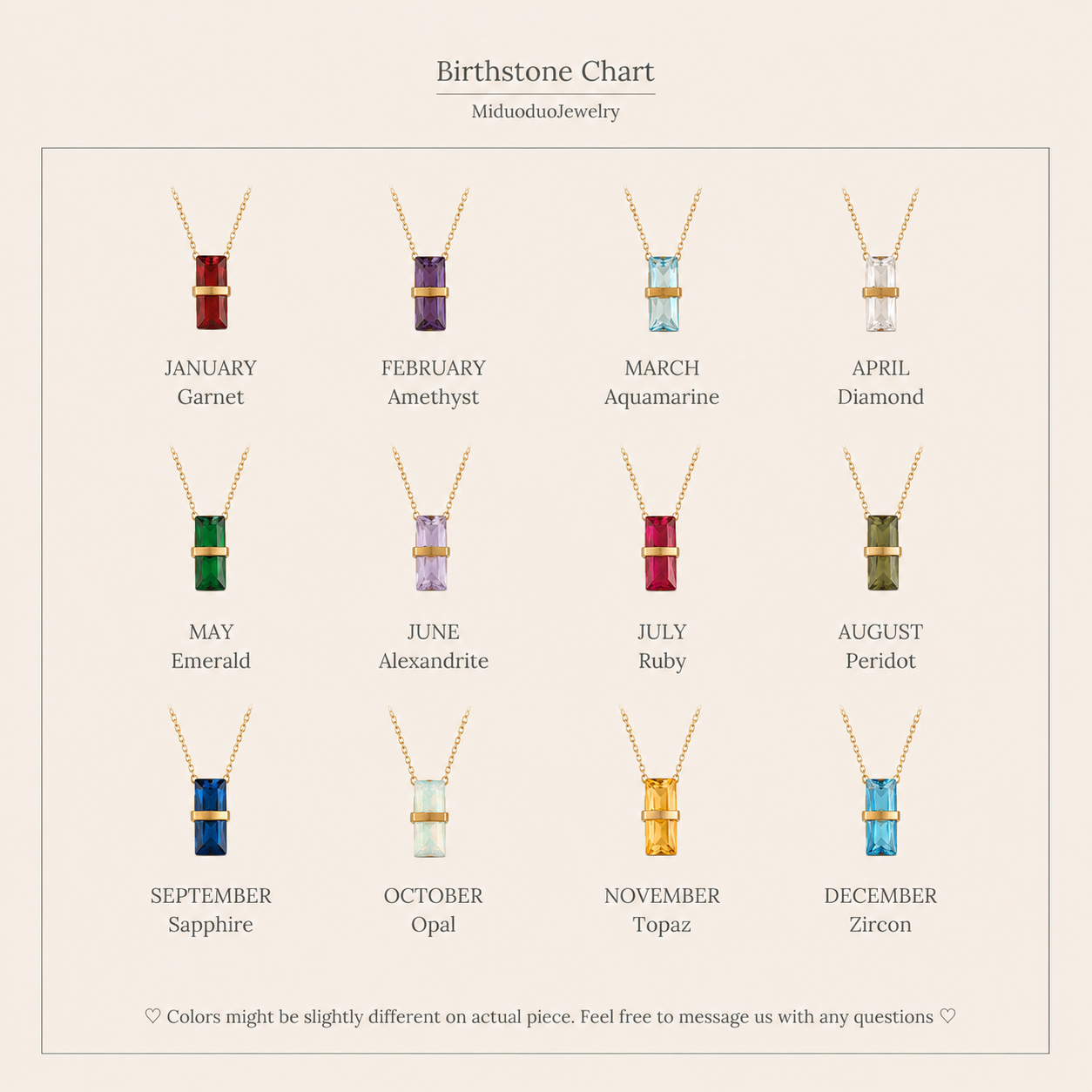 Birthstone chart of 316L stainless steel 12-color crystal pendant necklaces showing January to December birthstone-inspired colors.