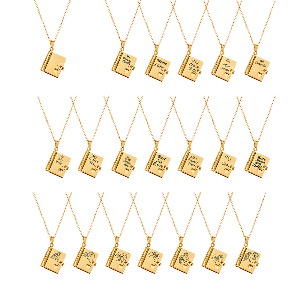 316L stainless steel 18K gold engraved book pendant necklace collection with love message designs