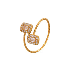 This 316L stainless steel adjustable open ring features a geometric design with 18K gold plating and brilliant 5A zircon rectangle stones. Waterproof, tarnish-resistant, and hypoallergenic, perfect for statement ring collections and everyday wear.