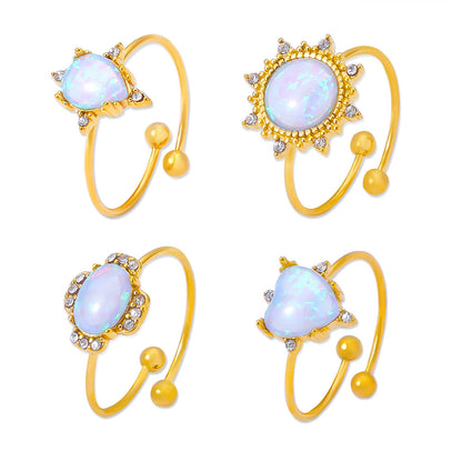316L stainless steel 18K gold plated opal open ring collection, featuring teardrop, round, oval and heart designs with zircon accents, adjustable women's jewelry