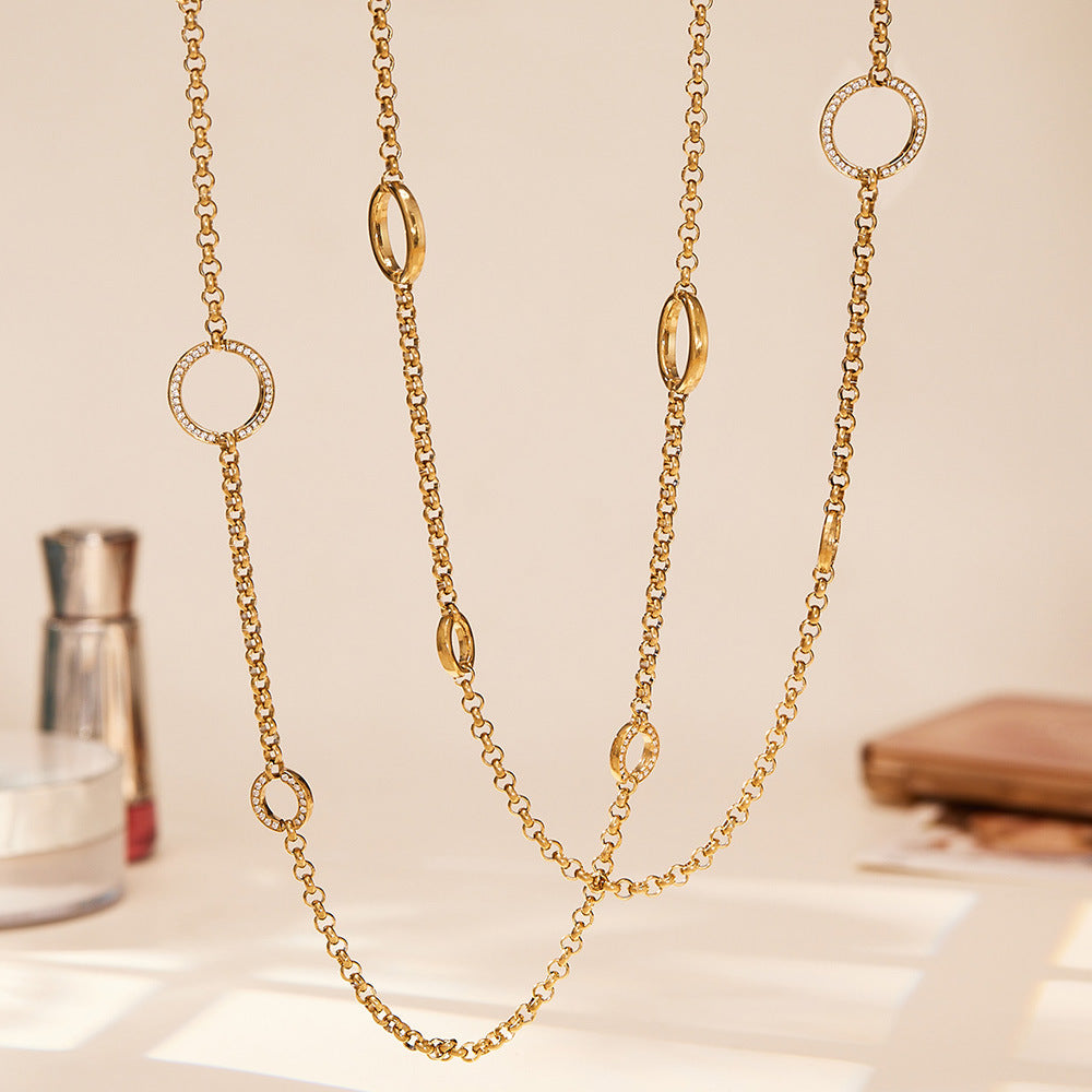 316L Stainless Steel 18K Gold Paved Zirconia Interlocking Rings Necklace - Image 2