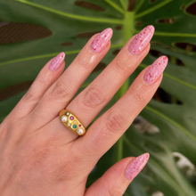 Gold pearl rhinestone open ring worn on hand with colorful rhinestones and imitation pearl accents for boutique fashion jewelry