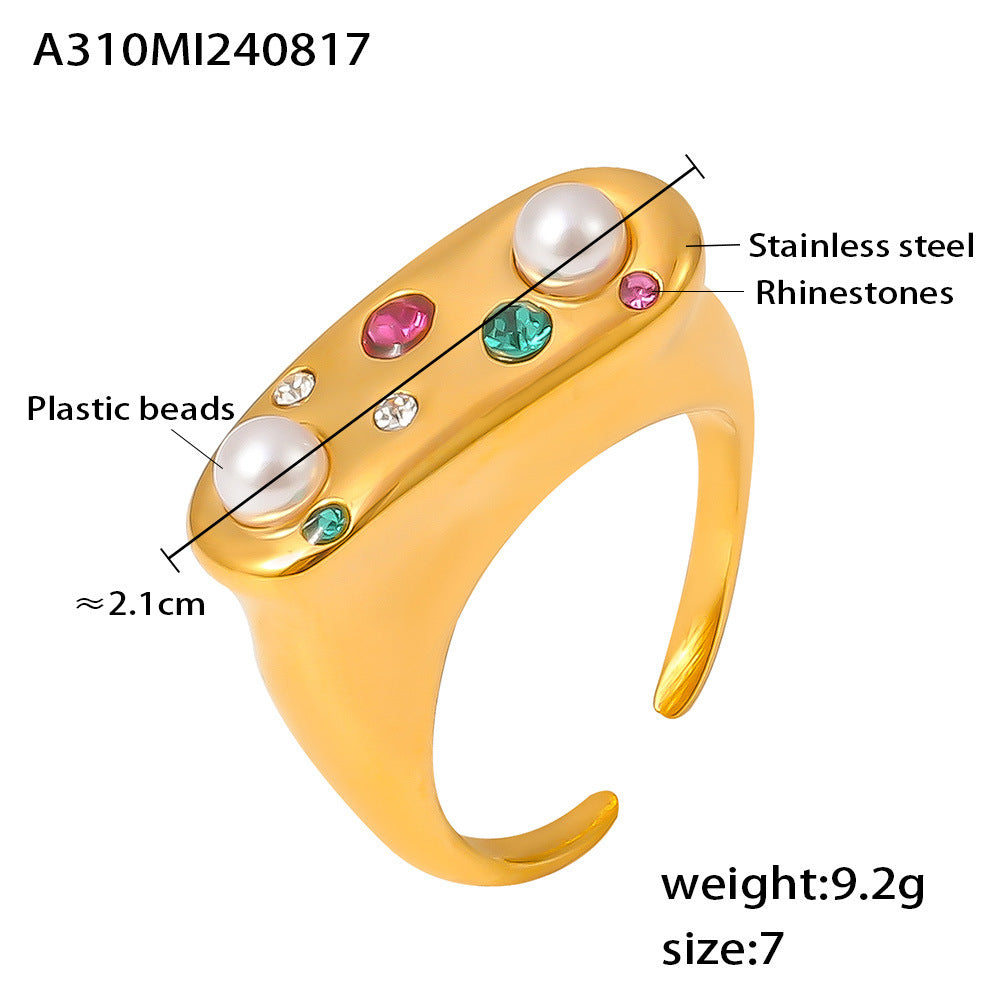 316L Stainless Steel Pearl Rhinestone Adjustable Open Ring