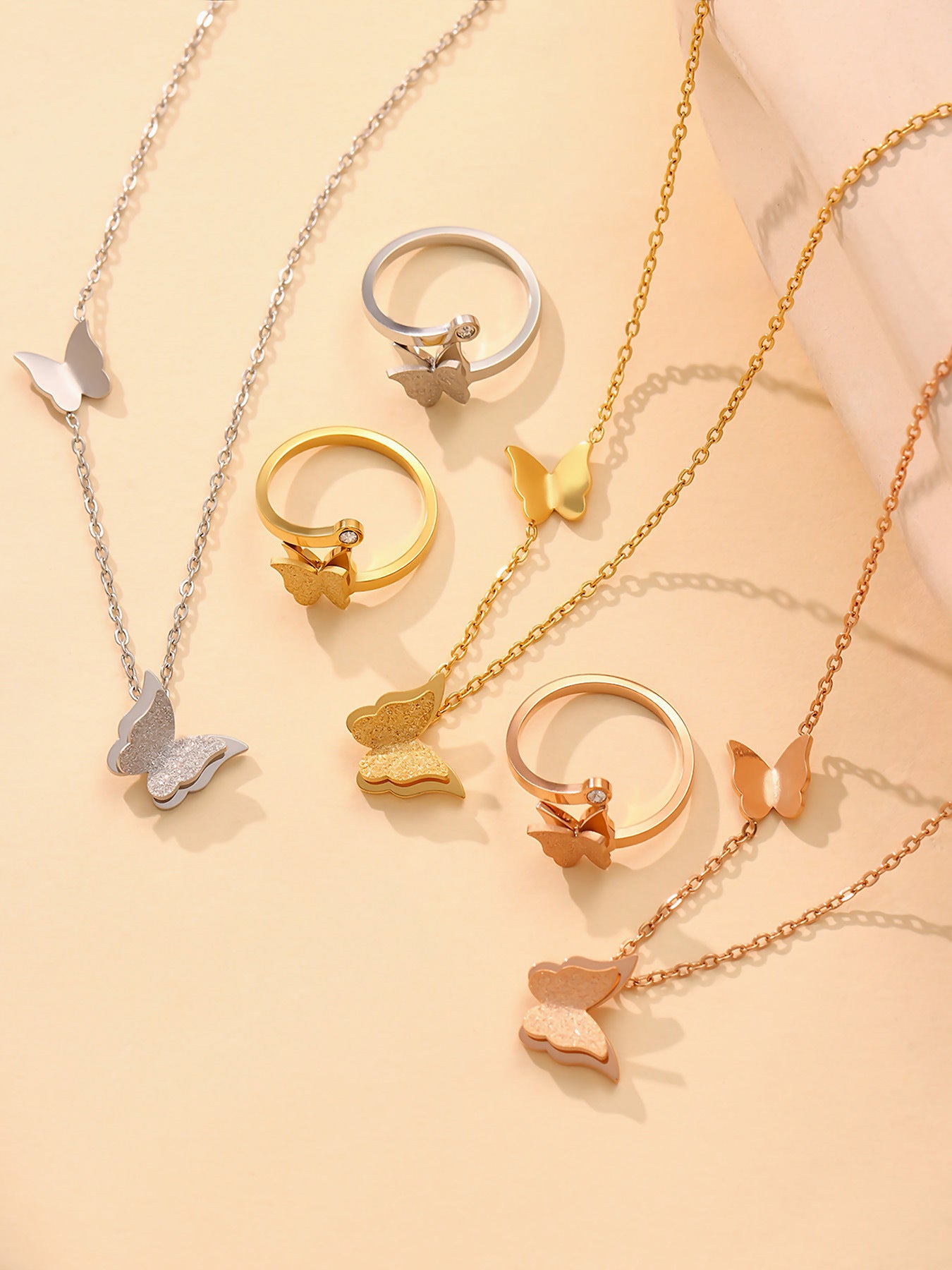 316L Stainless Steel 18K Gold Plated 3D Butterfly Necklace, Ring & Earrings Set - Image 1