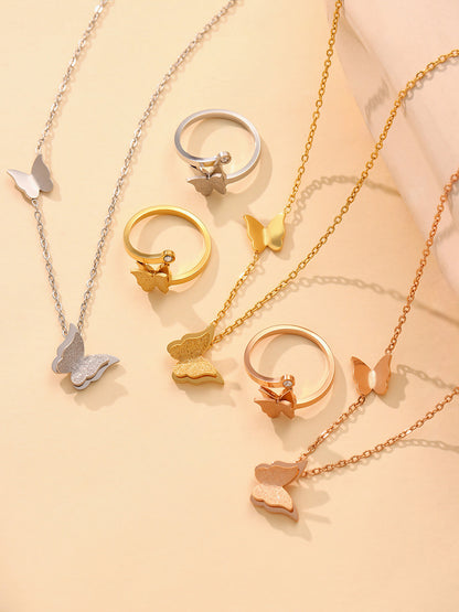 316L Stainless Steel 18K Gold Plated 3D Butterfly Necklace, Ring & Earrings Set - Image 1