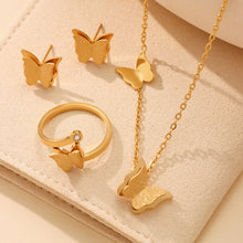 High quality 18K PVD gold plated butterfly jewelry pieces including necklace and earrings, highlighting the intricate 3D design and mirror-polished finish.