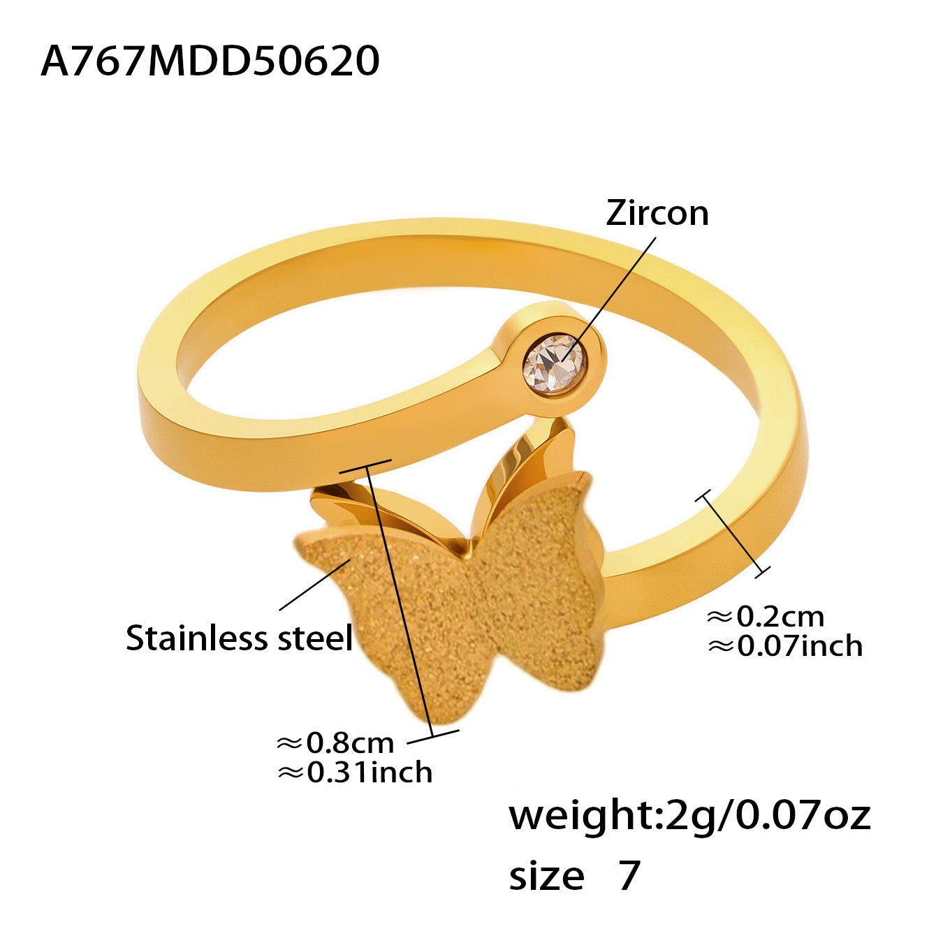 316L Stainless Steel 18K Gold Plated 3D Butterfly Necklace, Ring & Earrings Set - Image 7
