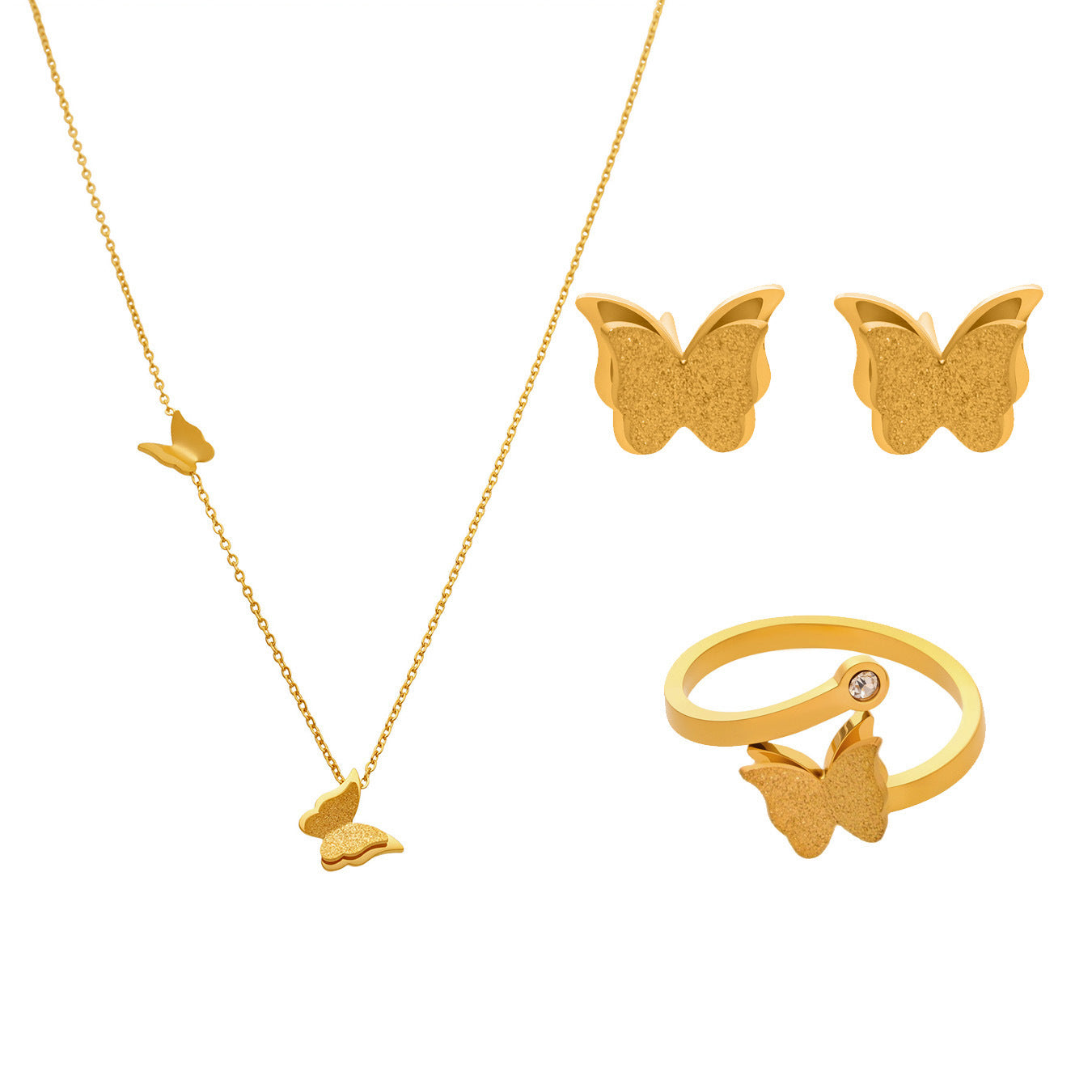 A complete 316L stainless steel 3D butterfly jewelry set featuring a gold pendant necklace, matching stud earrings, and an adjustable ring displayed on a clean background.