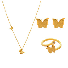 A complete 316L stainless steel 3D butterfly jewelry set featuring a gold pendant necklace, matching stud earrings, and an adjustable ring displayed on a clean background.