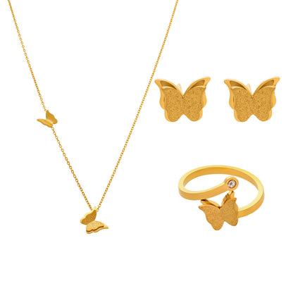 316L Stainless Steel 18K Gold Plated 3D Butterfly Necklace, Ring & Earrings Set - Image 9