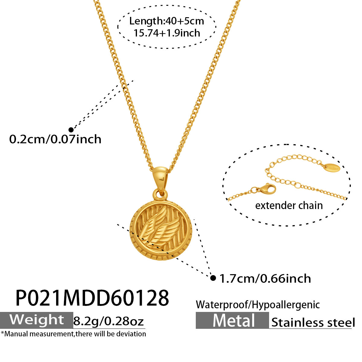 316L Stainless Steel 18K Gold Plated 3D Wing Relief Round Tag Pendant Necklace - Image 3