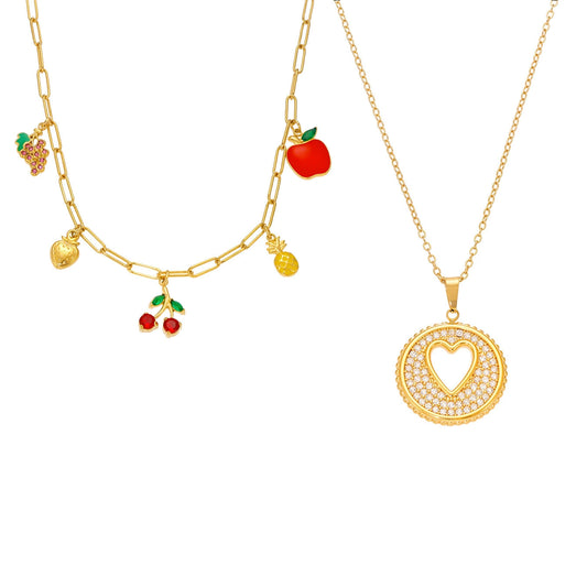 316L Stainless Steel 18K Gold Plated 5A Zircon Fruit & Heart Charm Necklace - Image 10