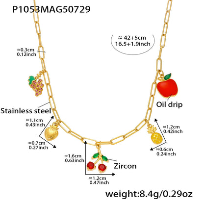 316L Stainless Steel 18K Gold Plated 5A Zircon Fruit & Heart Charm Necklace - Image 4