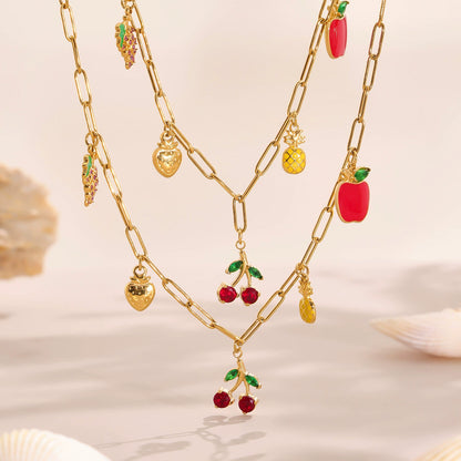 316L Stainless Steel 18K Gold Plated 5A Zircon Fruit & Heart Charm Necklace - Image 7