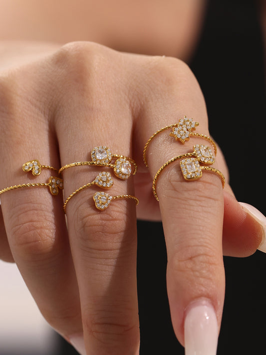 316L Stainless Steel 18K Gold Plated 5A Zircon Geometric Adjustable Ring Collection - Image 1
