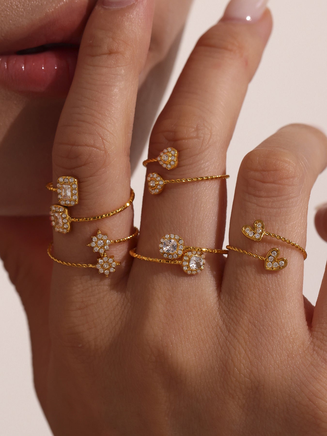 316L Stainless Steel 18K Gold Plated 5A Zircon Geometric Adjustable Ring Collection - Image 15