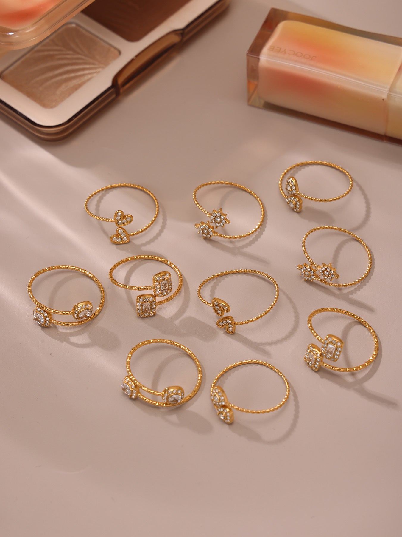 316L Stainless Steel 18K Gold Plated 5A Zircon Geometric Adjustable Ring Collection - Image 7