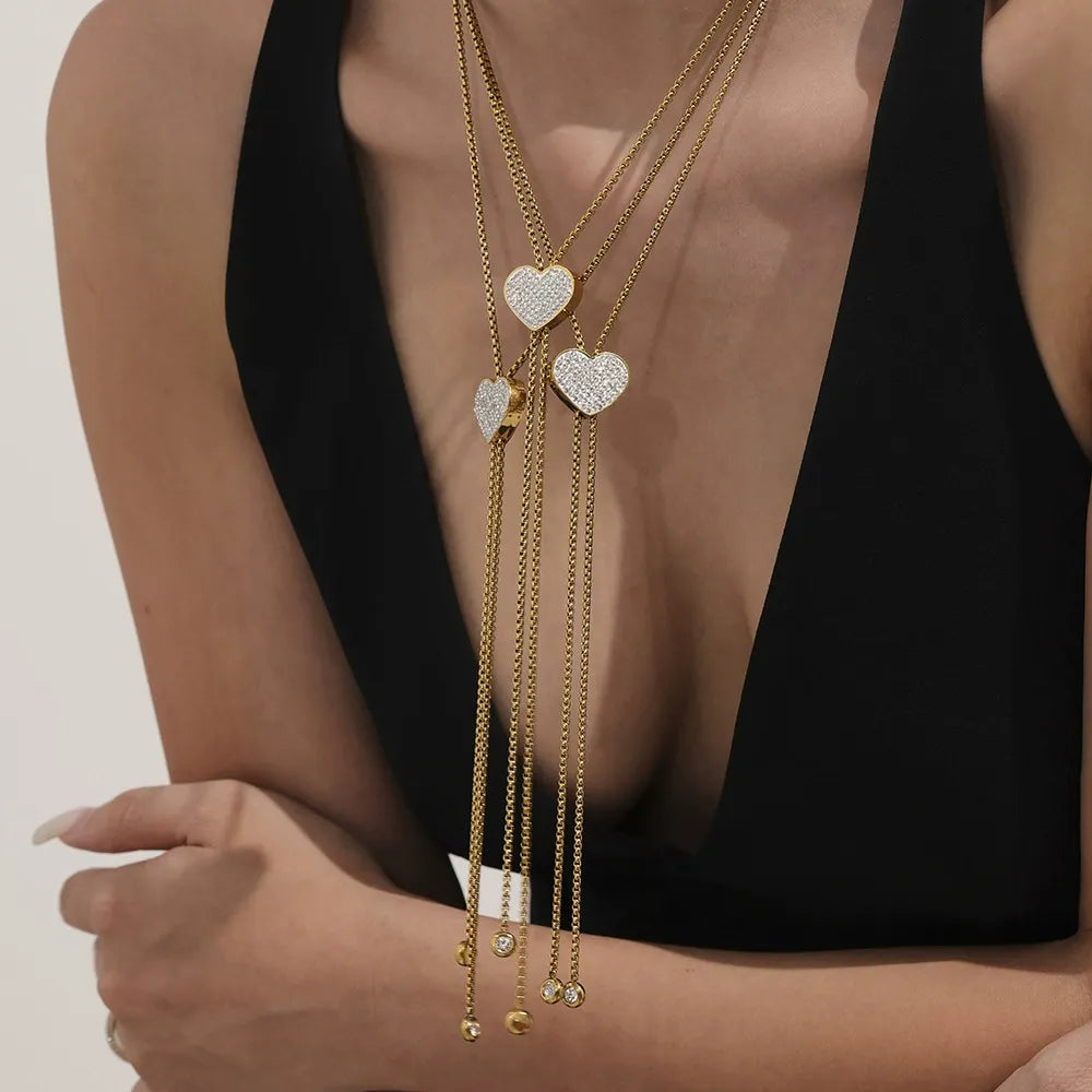 316L Stainless Steel 18K Gold Plated 5A Zircon Tassel Heart Long Necklace - Image 4