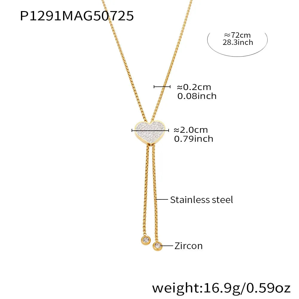 316L Stainless Steel 18K Gold Plated 5A Zircon Tassel Heart Long Necklace - Image 6