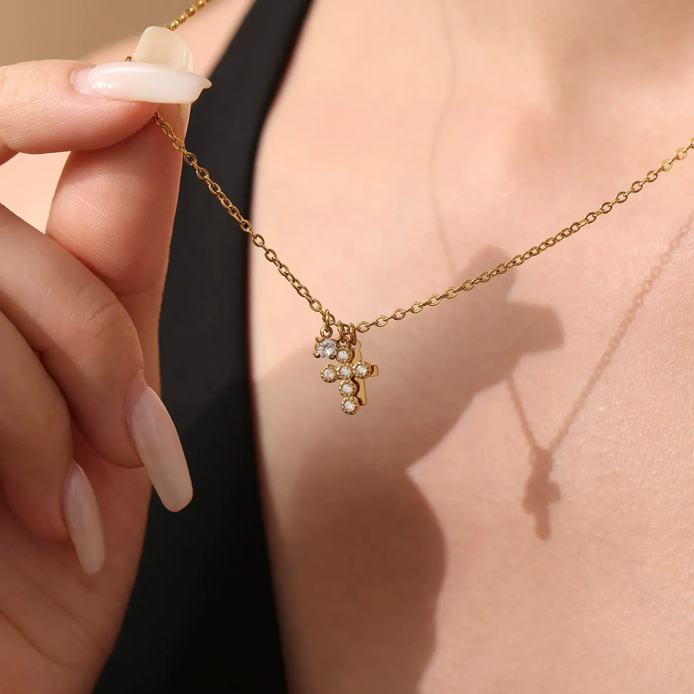 316L Stainless Steel 18K Gold Plated 5A Zirconia Cross Necklace - Image 3