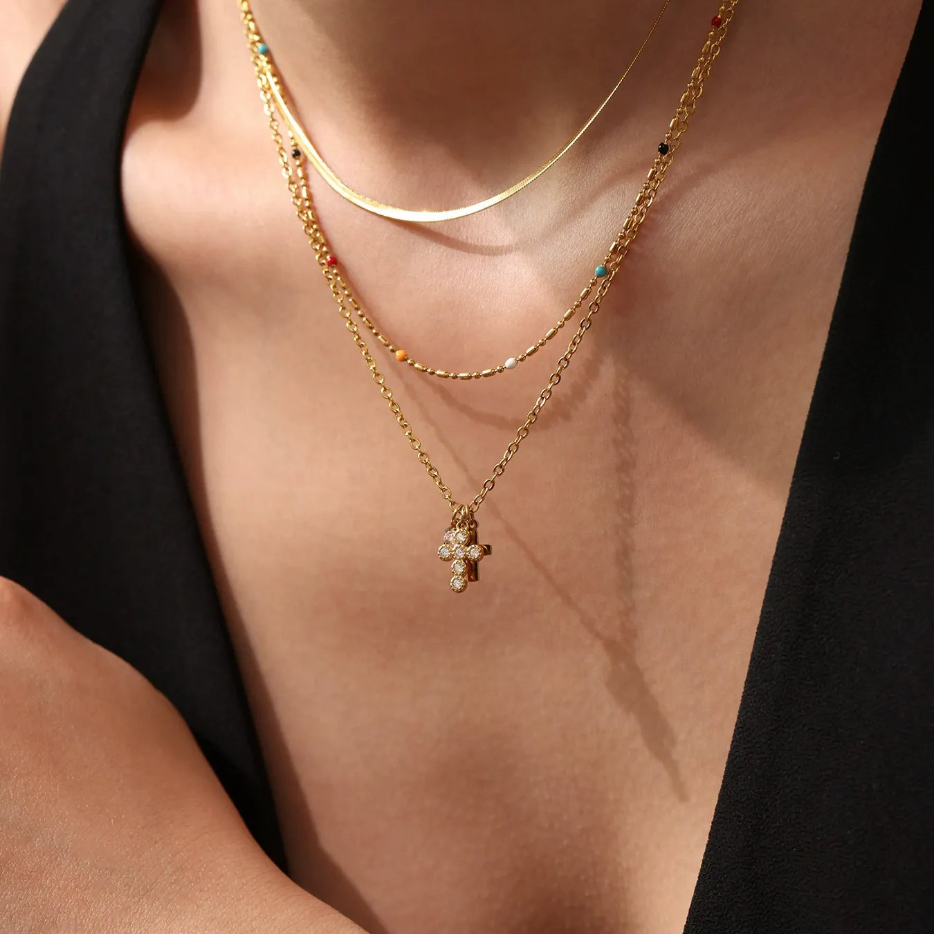 316L Stainless Steel 18K Gold Plated 5A Zirconia Cross Necklace - Image 4