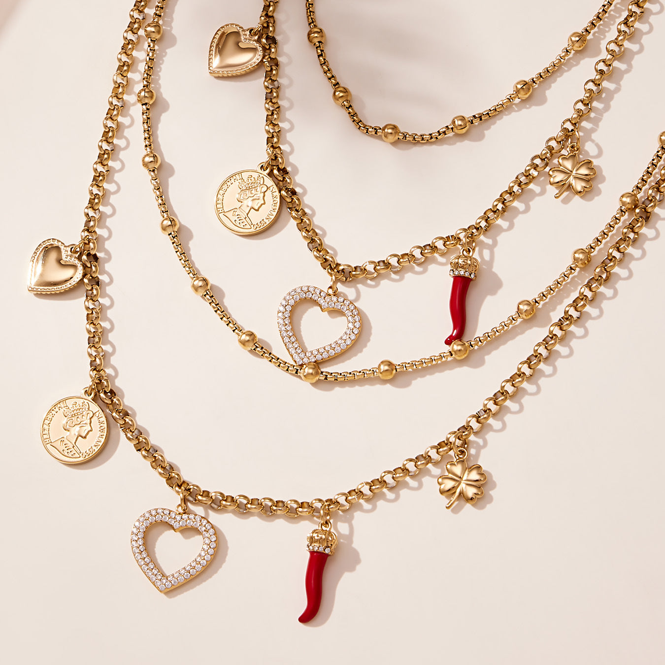 316L Stainless Steel 18K Gold Plated AAA Zircon Hollow Heart Four-leaf Clover Double Layer Necklace - Image 1