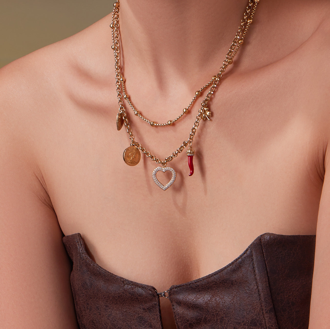 316L Stainless Steel 18K Gold Plated AAA Zircon Hollow Heart Four-leaf Clover Double Layer Necklace - Image 2