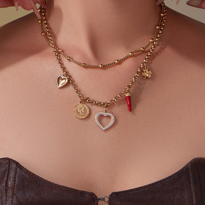 316L Stainless Steel 18K Gold Plated AAA Zircon Hollow Heart Four-leaf Clover Double Layer Necklace - Image 3