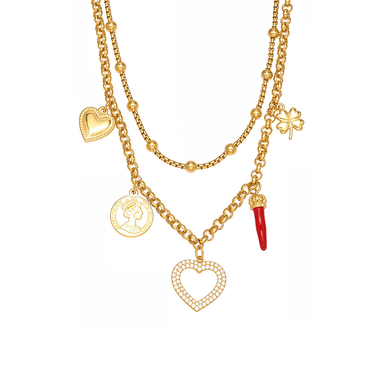 316L Stainless Steel 18K Gold Plated AAA Zircon Hollow Heart Four-leaf Clover Double Layer Necklace - Image 4