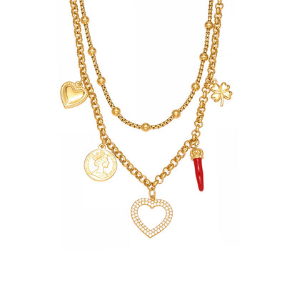 316L Stainless Steel 18K Gold Plated AAA Zircon Hollow Heart Four-leaf Clover Double Layer Necklace - Image 4