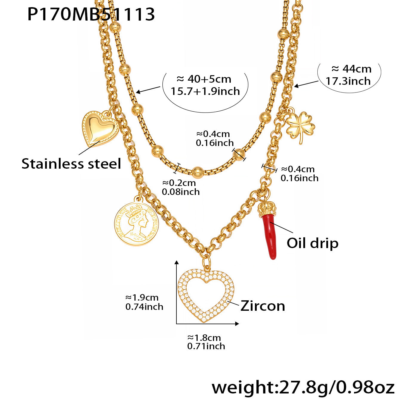 316L Stainless Steel 18K Gold Plated AAA Zircon Hollow Heart Four-leaf Clover Double Layer Necklace - Image 5