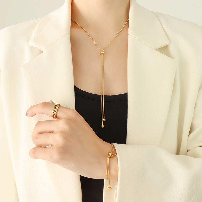 316L stainless steel 18K Gold Plated Adjustable Snake Chain Necklace & Bracelet modeled styling view for wholesale necklace buyers
