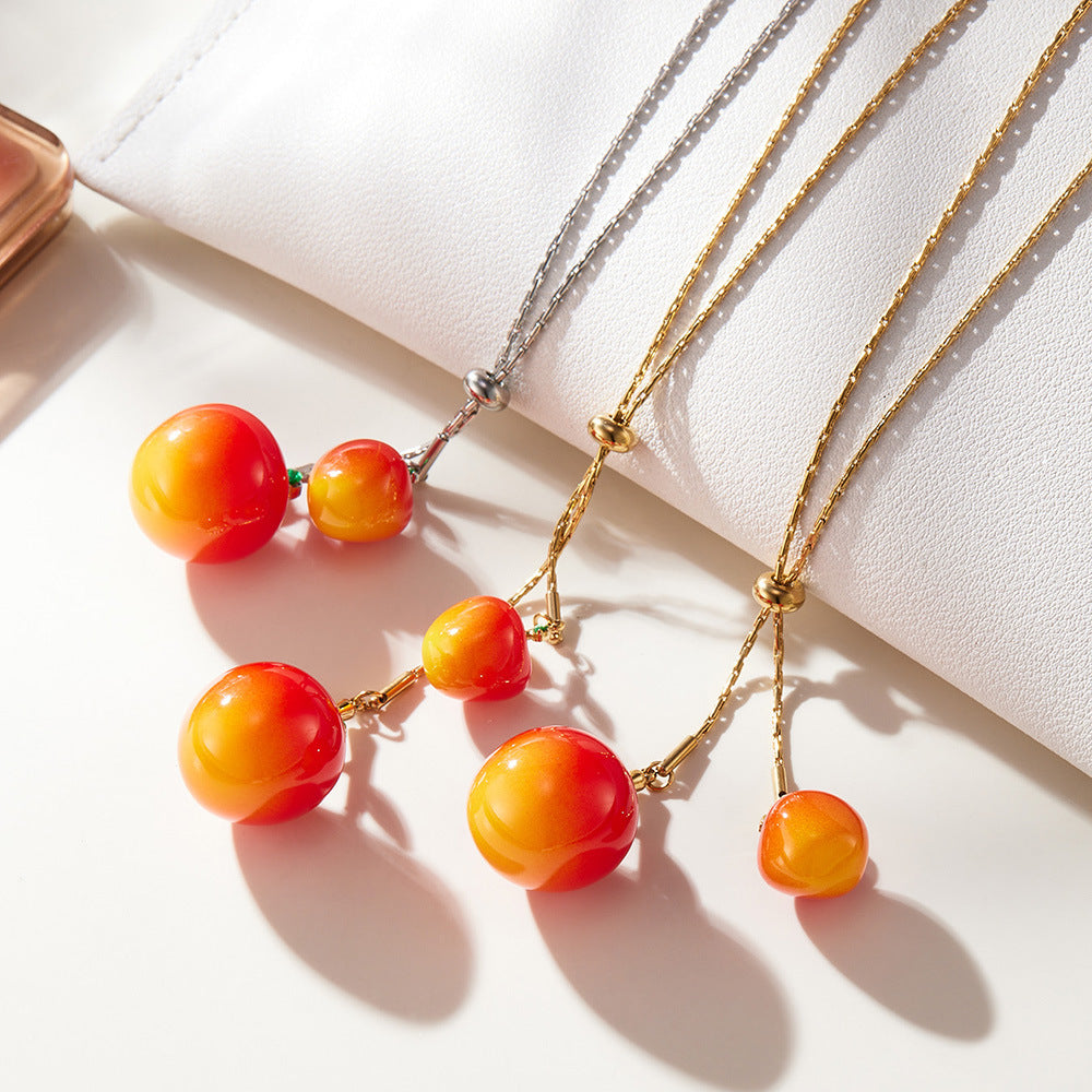 316L Stainless Steel 18K Gold Plated Adjustable Zircon Cherry Sweater Necklace - Image 2