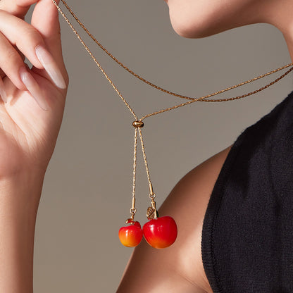 316L Stainless Steel 18K Gold Plated Adjustable Zircon Cherry Sweater Necklace - Image 3