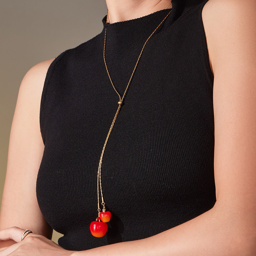 316L Stainless Steel 18K Gold Plated Adjustable Zircon Cherry Sweater Necklace - Image 4